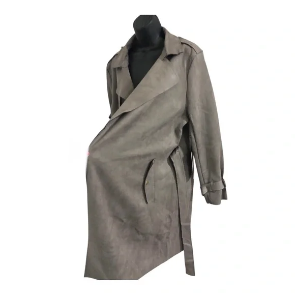 Stunning‎ gray faux suede belted trench coat size XL new